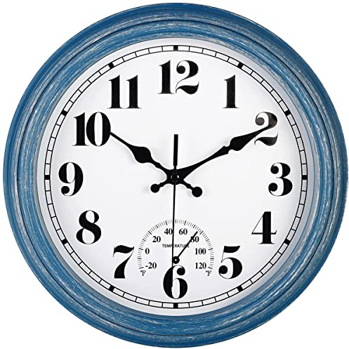 JENLYSTIME Vattentät väggklocka, retrostil, för inom-/utomhusbruk, termometer, rund, batteridriven, tyst kvartsverk, lätt avläsning, för kök, uteplats, badrum, däck, veranda, pool, 30 cm (blå)