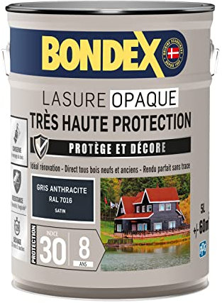 BONDEX - Lasure Opaque Très Haute Protection - Protège et Décore - Direct tous bois - Rendu parfait sans trace - 5 L - Gris Anthracite RAL 7016