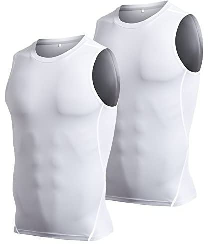 Ruowuhen Débardeur de Compression Homme Sleeveless Tank Top Séchage Rapide Respirant pour Running Musculation Fitness Gym, Lot de 2 Blanc+Blanc L