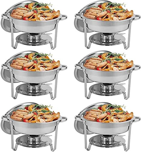 201 Round Chafing Disk Buffet Set i rostfritt stål, 5 Quart Chafing Buffet Catering Warmer Set med matpanna, vattenpanna, lock, ram och bränslehållare (6 förpackningar)