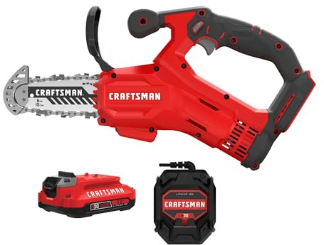 CRAFTSMAN V20 Mini Cordless Chainsaw, Pruning Saw, 6 Chain, Small Handheld Chainsaw, 2Ah Battery and Charger Included, Tree Trimming and Pruning, Compact and Lightweight (CMCCS320D1)