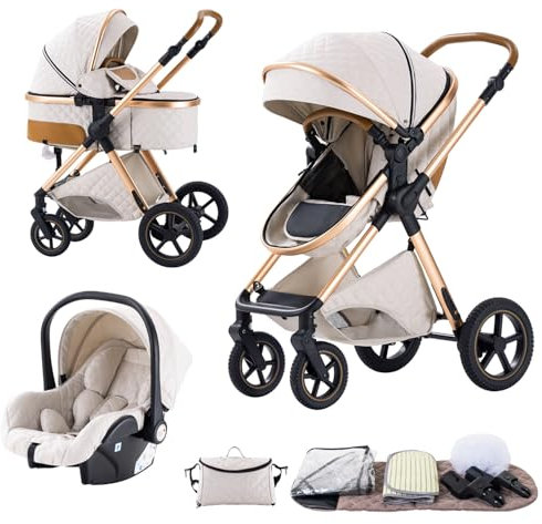 BEBBY 3-in-1 Kinderwagen KombiKinderwagen-Set 2-in-1 Buggy faltbar Luxus Hochlandschaft Neugeborenes Tragbarer Zusammenklappbarer Kinderwagen Travel System (Rice white, H2)