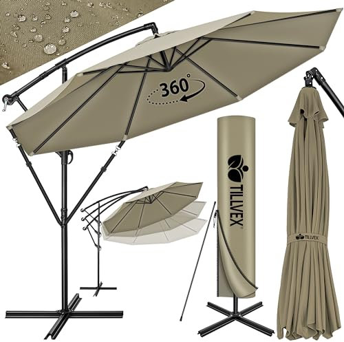 tillvex Parasol déporté hexagonale 3M50 avec manivelle, couverture & paravent | Pare-soleil avec pied | Protection UV en aluminium pour le jardin | Parasol à manivelle pour le marché déperlant (Taupe)