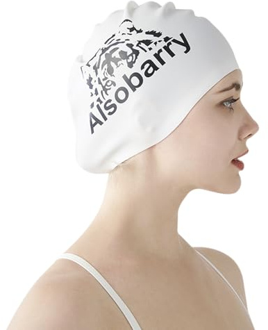 Bonnet de Bain en Silicone pour Femmes Cheveux Longs Bonnet de Natation Imprimé Tigre Imperméable Femme Bonnet de Bain Extensible pour Piscine Spa Plage (Blanc)
