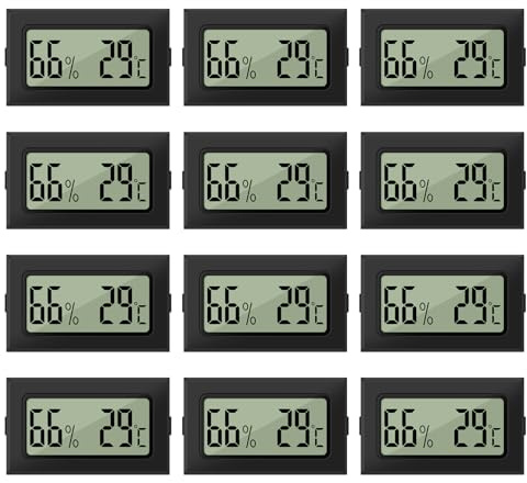 LYCXAMES hygrometer inomhus, 12 st termometer hygrometer mini, 2 i 1 minihygrometer, LCD digital termometer luftfuktighetsmätare för växthus källare svart