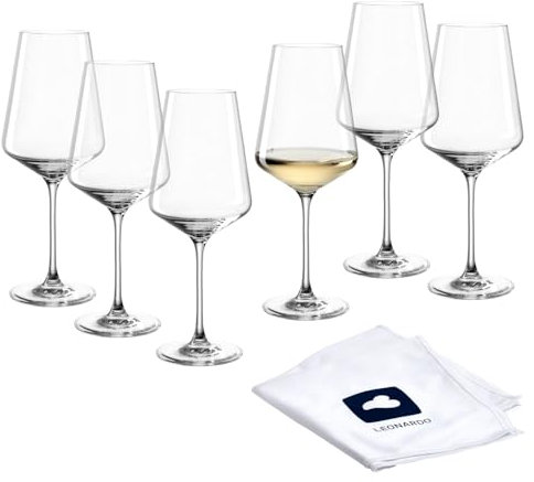 LEONARDO HOME Copas de vino blanco PUCCINI (juego de 6) con paño de pulido • Copas de vino resistentes a los arañazos (560 ml) • Apto para lavavajillas y duradero • Copas atemporales para vino blanco