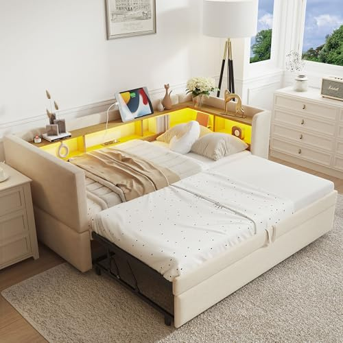 Lexiou Sofá cama tapizado extensible 90/180 x 190 cm, equipado con luces LED, enchufes y muchos compartimentos, sofá cama multifunción (beige)