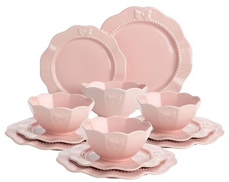 Paris Hilton 12-Piece Dinnerware Set, Embossed Bow Design, Iconic Ceramic Stoneware Service for 4 with Dinner Plates, Salad Plates, and Bowls, Microwave & Dishwasher Safe, Pink