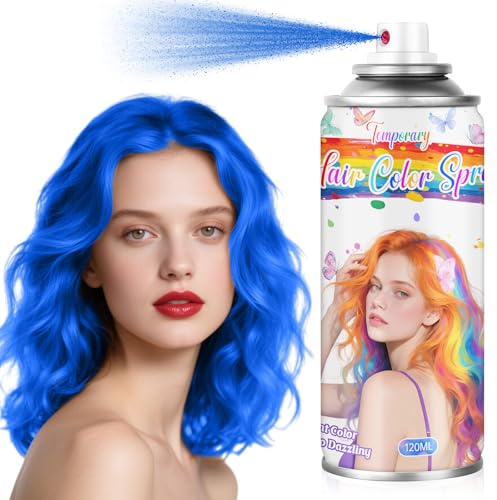 Spray de Coloración Temporal Azul para el Cabello - Tinte No Pegajoso y Lavable para Festivales de Música, Cosplay, Looks Creativos (120ml, Azul)