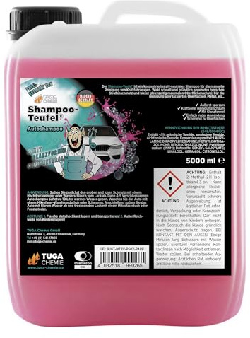 TUGA Chemie Shampoo-Teufel Autoshampoo Konzentrat – Hochwirksames Auto Shampoo für Glanz & Pflege – Lackschonend – Für Handwäsche & Schaumlanze – 5L Kanister - Made in Germany
