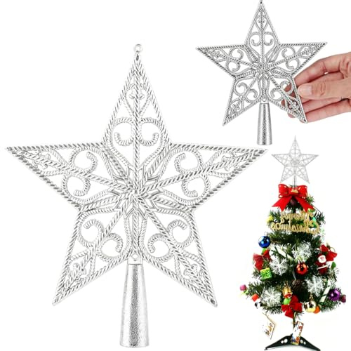 Estrella para Árbol de Navidad Plateado - Punta de Árbol de Navidad Estrella de 20cm con Diseño 3D Hueco, Ligera y Estable para una Decoración Navideña Elegante y Mágica