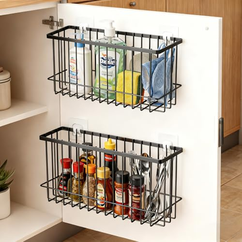 2 Piezas Organizador Armario Cocina Metal, Organizador Pared Autoadhesiva Sin Taladro, Cesta Almacenaje para Armario Cocina Gabinete Puertas, Baño, refrigerador, Almacenamiento Objetos Pequeños
