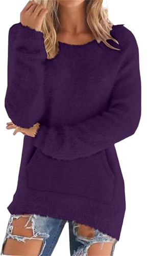 Maxi Maglia per Leggings Maglia Righe Donna Maglione Casual da Donna A Maniche Lunghe Tinta Unita Blusa Pile Lunga Maglione Montagna Purple S
