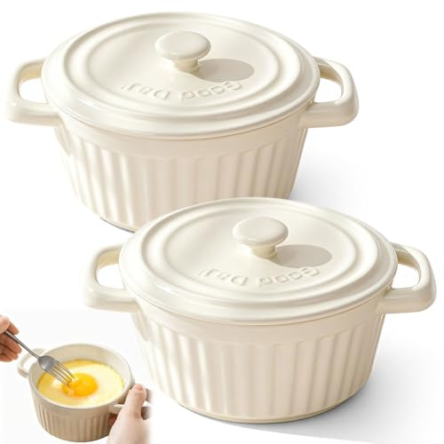 Mini Cocotte med lock, liten porslinsuppsättning med handtag, keramiska små ugnsformar, gryta, ministekpanna för lasagne, soufflé, ugn, mikrovågsugn diskmaskin (vit-L-2 stycken)