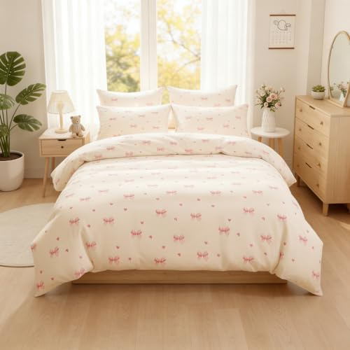 Bettwäsche 135x200 Beige Rosa Schleifen Bettbezug und Kissenbezug 80x80