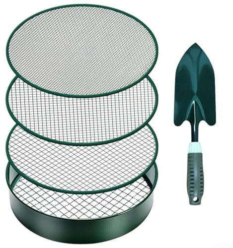 Tamiz de tierra, tamiz de jardín de 31,5 x 31,5 cm con 4 tamaños de malla y pala, pantalla de acero inoxidable resistente para compost, roca, arena para gatos, jardinería interior y exterior (marco de