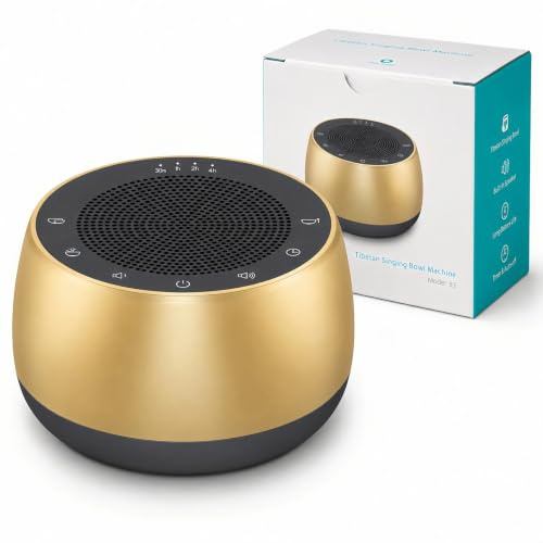 LUCYLANKER Electronic Tibetan Singing Bowl, Yoga Meditation Sound Machine with Timer, Rechargeable Sound Healing Machine, Portable USB-C Sound Therapy Speaker for Home, Studio & Office (Gold)
