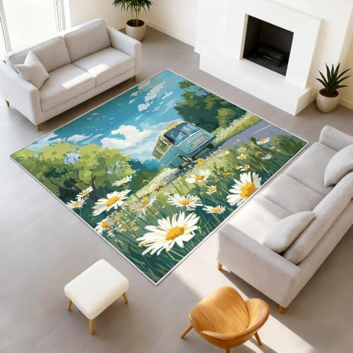 Generisk matta tecknad manga stil sommar fluffig matta buss tusensköna motiv enkel vård matta & TPR-baksida 120 x 180 cm för vardagsrum sovrum ungdomsrum lekrum
