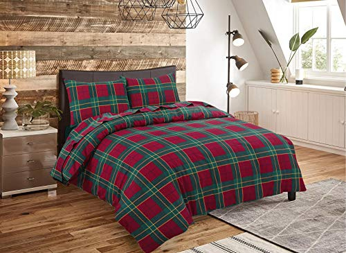 Luxury Tartan Check Flannelette Thermal 100% Brushed Cotton Duvet Cover Bedding Set (Tartan Check Red, King Duvet Cover Set)