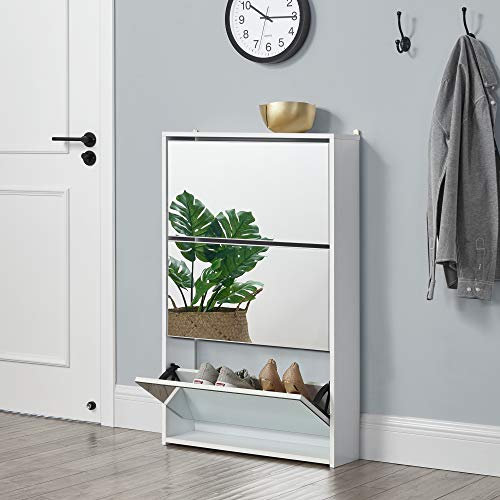 [en.casa] Shoe tipper Vogar Shoe cabinet with 3 flaps mirrored Chest of drawers for 9 pairs 102.5 x 63 x 17 cm Storage White