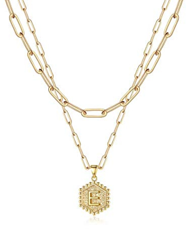 M MOOHAM Dainty Layering Initial Necklaces for Women -Statement Necklace 14K-Gold-Plated Initial E Necklace 14K-Gold-Plated Layered Necklaces for Women