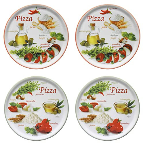 MamboCat Lot de 4 assiettes à pizza Napoli Green & Red I Ø 32 cm – Grand I 4 personnes I Assiette avec 2 motifs différents I Décorée I Pour pizzas ou présentation I Porcelaine