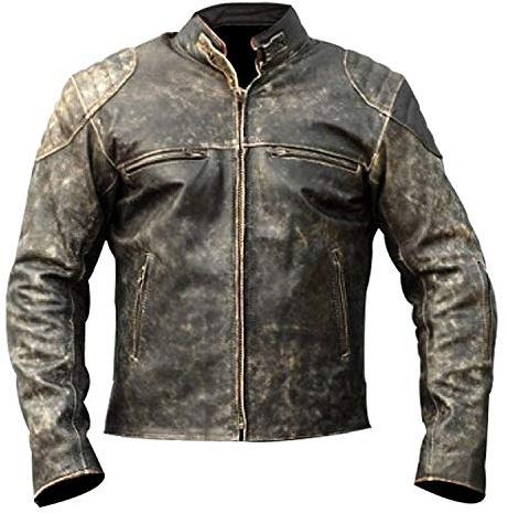 Aksah Fashion Giacca da motociclista da uomo, in pelle, stile vintage, effetto invecchiato, colore: nero anticato, XXL