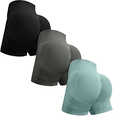 OVESPORT 3 Piece Workout Shorts for Women Seamless Scrunch Butt Lifting High Waisted Yoga Gym Booty Running Short Pants, Black/Gray/Blue, M