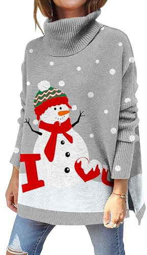 Kids4ever Jersey navideño con Cuello Alto para Mujer, Jersey navideño con Estampado de muñeco de Nieve, Jersey de Punto Acanalado con Abertura Lateral y Manga Larga, Gris L