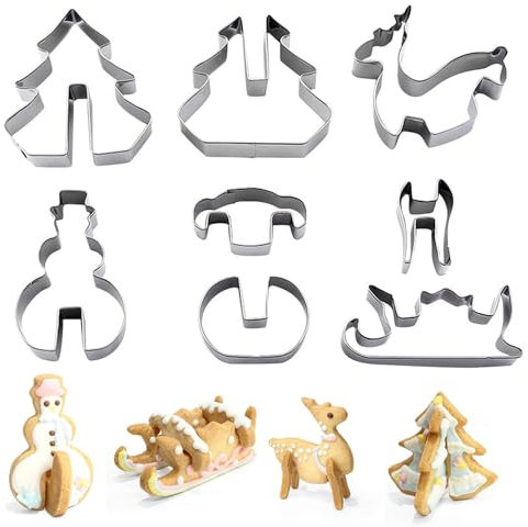 8 Piezas Molde de Galletas Navideñas, Acero Inoxidable Molde para Galletas, 3D Casa Galleta de Jengibre, Cortador de Galletas, Árbol de Arboles de Navidad, Renos, Herramientas para Hornear