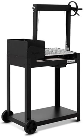 BRASERO - Barbecue charbon et bois Salamanca - Grille ronde en acier chromé de 40,5 x 49 cm réglable en hauteur - Grill à manivelle - Poignée - Bac à charbon - Tablette inférieure, Noir