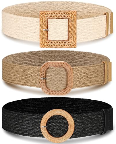 Syhood 3 Pieces Straw Woven Elastic Waist Belt for Women Bohemian Dress Braided Belt (Black, Khaki, Beige,Fit Waist Size Below 36'')