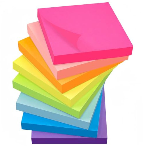 Hanyousheng 800pcs Sticky Notes, Feuillets Autocollants 76 x 76 mm, Notes Sticky Carrées, 100 Feuilles par Bloc, pour Bureau, Maison, École, Réunion(8 Couleurs)