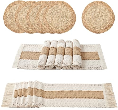 Denique Boho Placemats Set of 13 PCS - Handmade Grass Woven Meal Mats and Natural Cotton Linen Burlap, with 1 Macrame Burlap Table Runner 12x70inch, Table Mats Set for Dining Table Kitchen