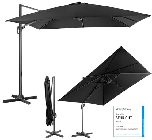COSTWAY Parasoll 300 x 300 cm kvadrat, trafikljus med vev | 360° roterbar, trädgårdsparaply lutbar, stor terrassskärm, marknadsparaply för trädgård, terrass