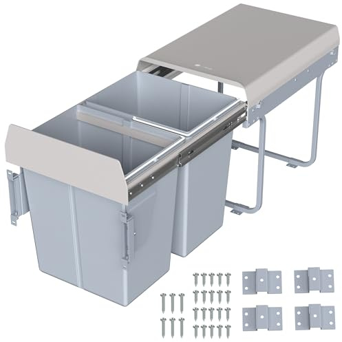 Life Finds 40L Under Counter Pull-Out Dual Trash Can System, Double Recycling Trash Can with Lid for Cabinet, Sliding Kitchen Waste Bin, Gray, LF-POTC2
