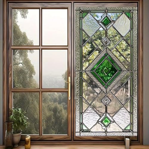 HOMETITUTE Stained Glass Window Film 17.7x39.3 inch Green Irregular Geometry Grid Window Privacy Film Stained Decals Static Cling Sun Blocking Decor for Home Office Windows Door Glass Partitions