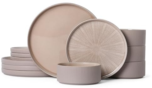 ALOFMO Dinnerware Sets for 4, Ceramic Plates and Bowls Set 12 Piece Dinnerware Chip Resistant Stoneware with Advanced Inkjet Printing Technology, Dishwasher and Microwave Safe-Dusty Brown