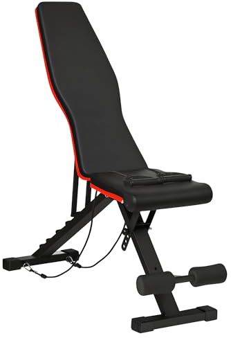HOMCOM Banc de Musculation Pliable, Dossier Réglable 6 Niveaux, Assise Ajustable 4 Niveaux, Coussin de Dossier et d'Assise Rembourrés, Acier, Revêtement Synthétique, 130 x 34 x 109 cm, Noir et Rouge
