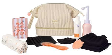 doomoo Kit de Maternidad – 8 Accesorios para la Maleta de Maternidad: Pantalones Cortos, Ducha íntima, Gel íntimo, Toalla calmante Caliente/fría – Neceser Grande evolutivo