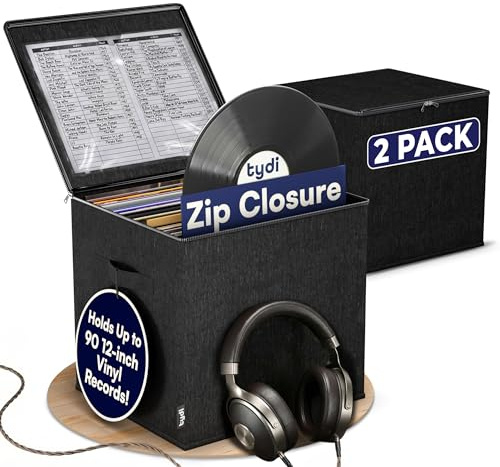 Tydi Vinyl Record Storage Box 2 Pack, Holds 90 x 12 Inch LPs | Zip Closure · Collapsible Crate · for Home Use