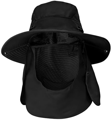 Rayson Sombrero de Pescador Hombre Mujere con Protección Transpirable Unisex Sombrero de Sol de ala Ancha Gorros de Pescador con Cubierta de Cuello Desmontable,Negro
