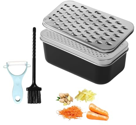 Grattugia Formaggio Manuale in Acciaio Inox con Contenitore, 2 Lame Intercambiabili, per Formaggio Grattugiato, Verdure, Zenzero, Frutta, con Coperchio e Spazzola (Nero)