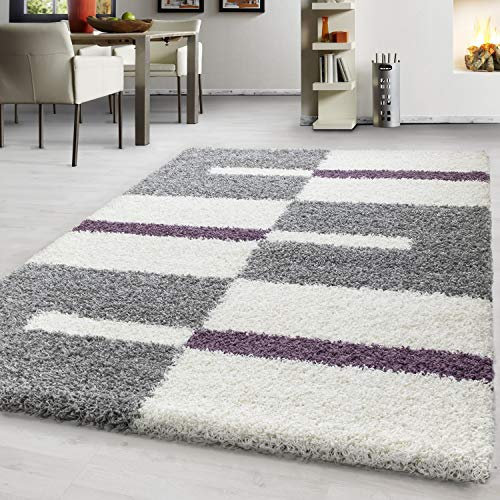 Teppium Moderner Hochflor Teppich Wohnzimmer 140 x 200 cm Lila - Shaggy Flauschiger Teppich, Extra Weich, Pflegeleicht und Kariertes - für Schlafzimmer, Küche und Esszimmer