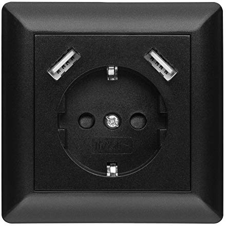 230 V Steckdose mit 2 x USB Ladegeräten, Schuko Wandsteckdose Unterputz, passend für Gira System 55, Schwarz, TÜV Rheinland zertifiziert (Einfachsteckdose)