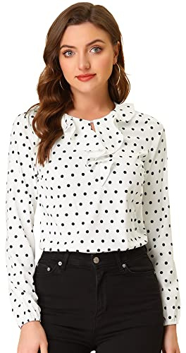 Allegra K Día de San Patricio Blusa Elegante De Manga Larga con Cuello De Volantes Y Lunares Vintage para Mujer Blanco Negro S