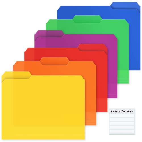 Dunwell Plastic Colored File Folders (6 Pack), 1/3 Tab Filing Folders for 8.5x11 Letter Size Documents, Assorted Colors, Acid-Free Poly, Includes Labels