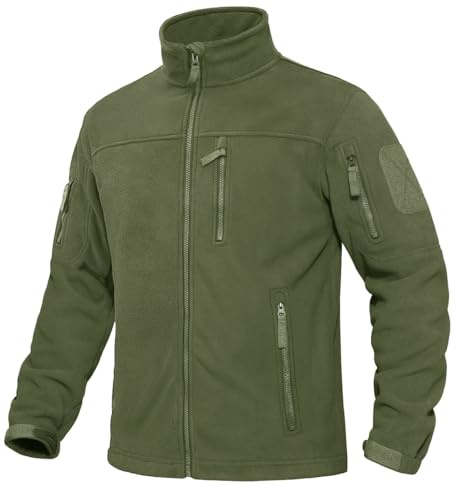 KEFITEVD Chaqueta de forro polar para hombre, resistente al viento, con cremallera, abrigo táctico cálido con 6 bolsillos, Ejercito Verde, L