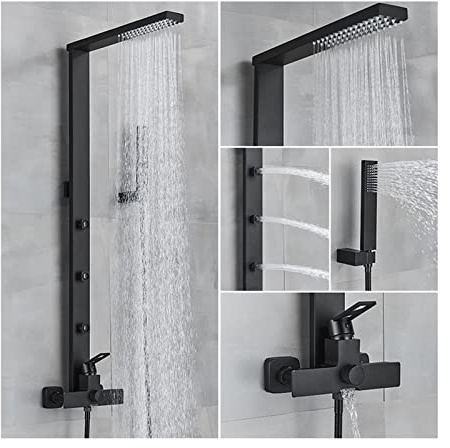 Sistema de Ducha Tipo Lluvia Utilizado para la renovación del baño, Juego Combinado de Ducha Monomando Negro montado en la Pared con Grifo de bañera en Cascada y rociador Trasero, Cabezal d