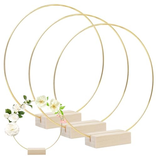 Pilikoll 3 Stück 20cm Gold Blumenkranz Makramee Ringe mit 3 Holzständer Gold Metallringe zum Basteln Makramee Ringe Metall Deko Ringe DIY Floral Hoop mit Holzsockel für DIY Handwerk, Makramee
